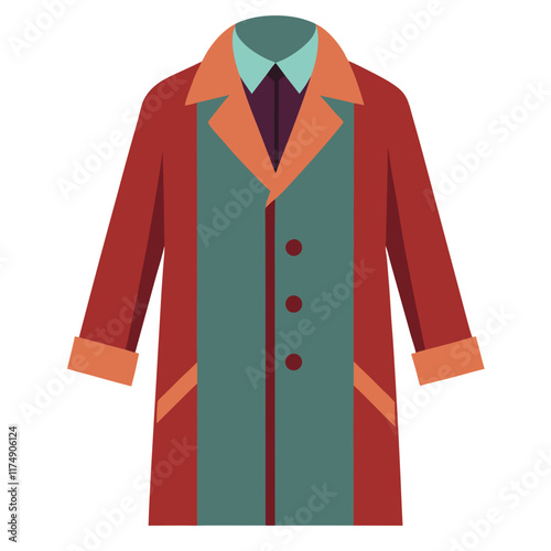 Red and teal overcoat with orange accents-Flat vector illustration of a red overcoat featuring teal panels, orange lapels and cuffs, and a three-button design for a bold, stylish look.
