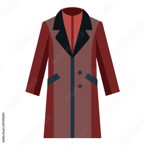 Brown and maroon coat with black lapels-Flat vector illustration of a stylish brown and maroon coat featuring black lapels, front pockets, and a double-button closure for a modern, elegant look.
