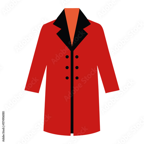 Red double-breasted coat with black lapels-Flat vector illustration of a red double-breasted coat featuring black lapels and buttons, designed for a bold and elegant style.
