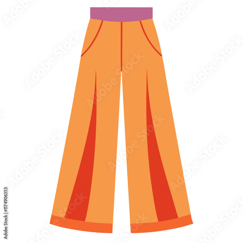 Orange wide-leg pants with red accents-Flat vector illustration of orange wide-leg pants featuring red inner panels, a purple waistband, and bold orange hem for a vibrant look.
