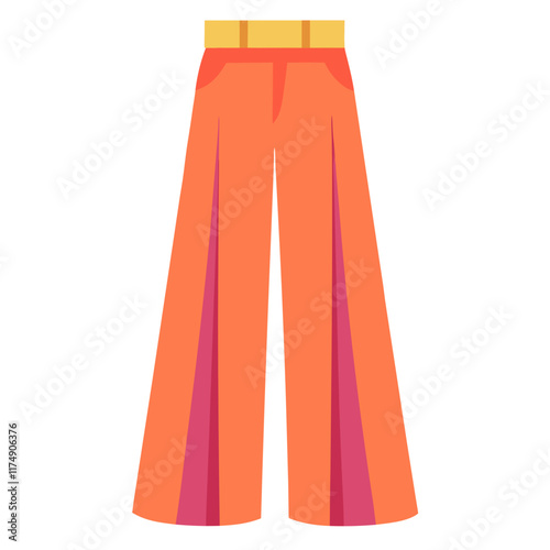 Orange wide-leg pants with pink accents-Flat vector illustration of orange wide-leg pants featuring pink inner panels, a yellow belt, and front pockets for a vibrant, trendy look.
