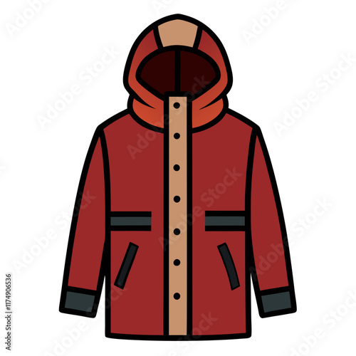 Red winter jacket with beige hood detail-Flat vector illustration of a red winter jacket featuring a beige hood accent, black pockets, and button closure for a stylish design.
