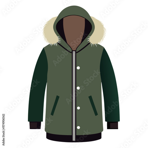 Green winter parka with fur-lined hood-Flat illustration of a green winter parka featuring a fur-lined hood, button closure, and black cuffs, designed for cold weather.
