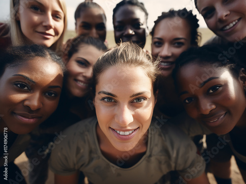 Group of fit women forming a huddle during a boot camp session