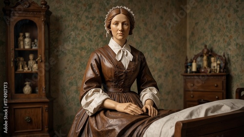 A majestic wooden carving of Florence Nightingale, depicted with a lantern in hand and wearing a nurse's uniform, surrounded by carved medical instruments, hospital beds, and healing hands.