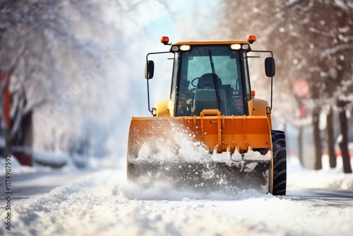 Orange snow plow and mini excavator clearing snow in a winter wonderland with bright sunlight photo