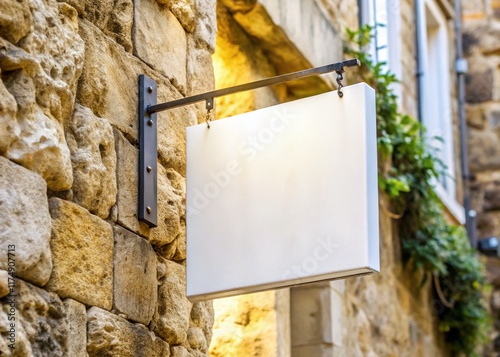 Macro Photography: Blank White Shop Signboard Mockup on Ancient Wall photo