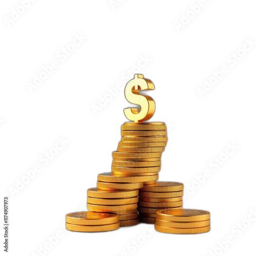 Golden dollar sign atop coin stacks, dark background, finance concept.
