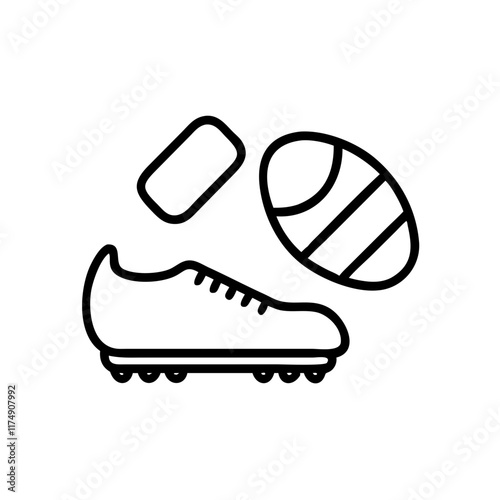 Small business Sport shop icon with cleats, ball, and wristband in outline style