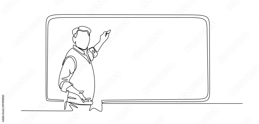 One continuous line drawing of a front view of a young teacher explaining. World Teachers Day. One continuous line drawing of a front view of a young teacher explaining. World Teachers Day.