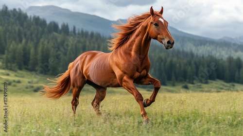 A chestnut horse galloping gracefully through a lush green meadow under a cloudy sky.