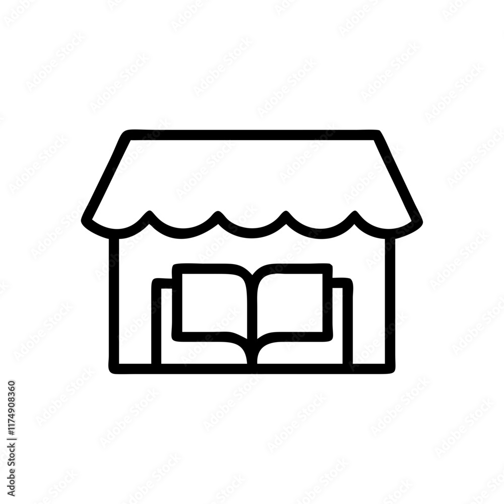 Small business Bookstore line art icon with open book and storefront