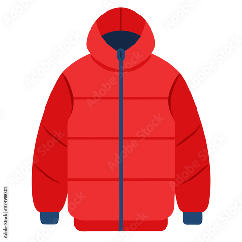 Red Hooded Puffer Jacket with Blue Accents, Minimalist red puffer jacket featuring a hood, blue zip and cuffs, and padded design, perfect for winter or casual outdoor wear.  
