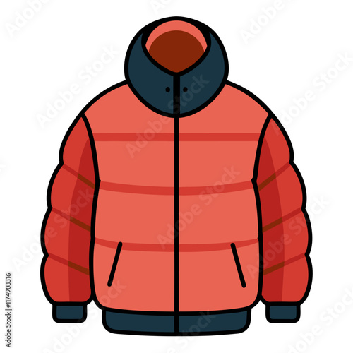 Orange and Black Hooded Puffer Jacket, Stylized orange puffer jacket with a black hood, zip closure, and padded design, perfect for winter fashion or outdoor activities.  
