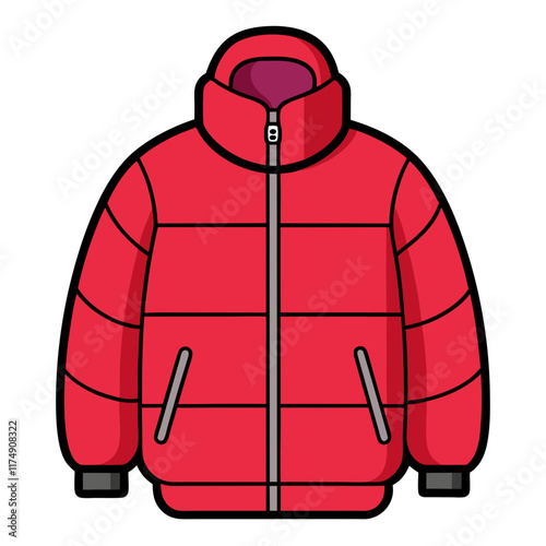 Red Puffer Jacket with High Collar, Stylized red puffer jacket with a high collar, zip closure, and padded design, ideal for winter fashion or outdoor activities.  
