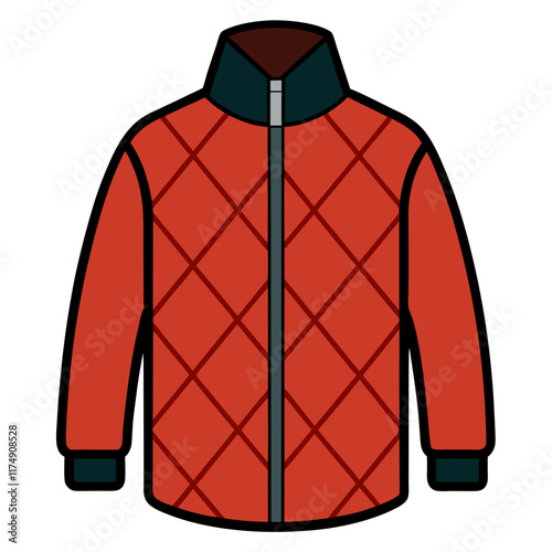 Red Quilted Jacket with Black Accents, Minimalist red quilted jacket featuring diamond patterns and black collar and cuffs, ideal for winter, fashion, or casual themes.  

