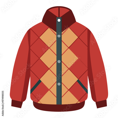 Red and Beige Quilted Jacket Illustration, Stylized red and beige quilted jacket with a hood and diamond patterns, ideal for winter fashion, outdoor, or casualwear themes.  
