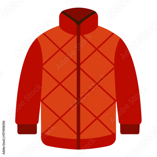 Red Quilted Winter Jacket Illustration, Minimalist red quilted winter jacket with diamond patterns and a high collar, ideal for clothing, outerwear, or seasonal themes.  
