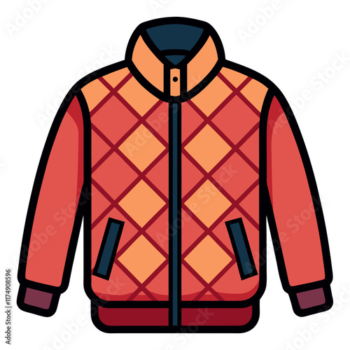 Quilted Red Jacket Illustration, Stylized red quilted jacket with diamond patterns, dark accents, and a high collar, perfect for fashion or winterwear themes.  
