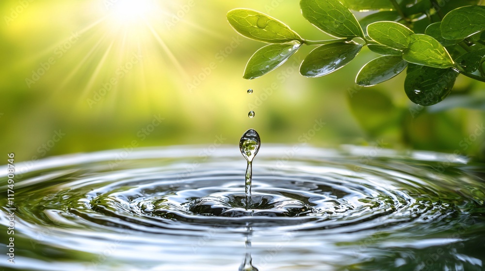 Water drop falling into a pond, creating ripples, with sunlit green leaves. Water drop falling into a pond, creating ripples, with sunlit green leaves.