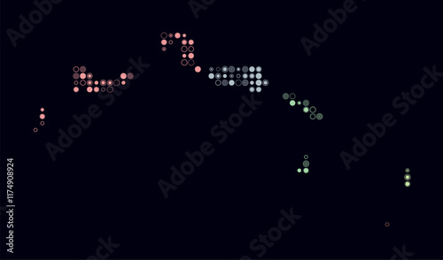 Turks and Caicos Islands, shape of the country built of colored cells. Digital style map of the Turks and Caicos Islands on dark background. Small size circle blocks. Trending vector illustration.