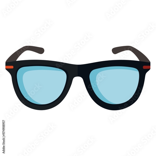 Black Sunglasses with Blue Lenses, A flat-style illustration of black sunglasses featuring blue lenses and subtle red accents, perfect for summer, travel, or fashion themes.  
