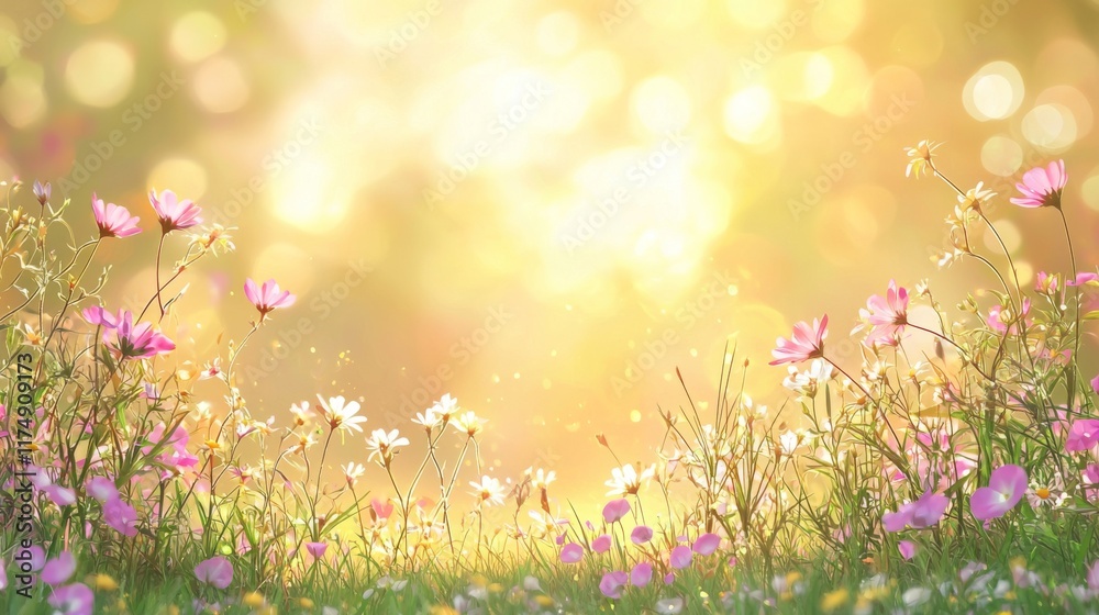 A serene landscape featuring blooming flowers and butterflies, illuminated by warm sunlight, creating a peaceful, dreamy atmosphere. A serene landscape featuring blooming flowers and butterflies, illuminated by warm sunlight, creating a peaceful, dreamy atmosphere.