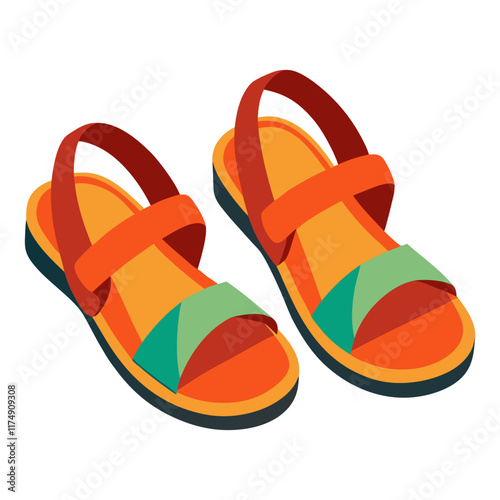 Colorful Sandals with Orange and Green Straps, Flat vector illustration of a pair of colorful sandals featuring orange, green, and red straps with cushioned soles, ideal for summer or casual wear.  
