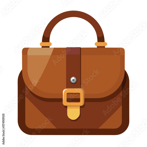 Classic Brown Leather Bag with Buckle Strap, Flat vector illustration of a classic brown leather bag featuring a buckle strap, rounded flap, and sturdy handle, ideal for work or travel.  
