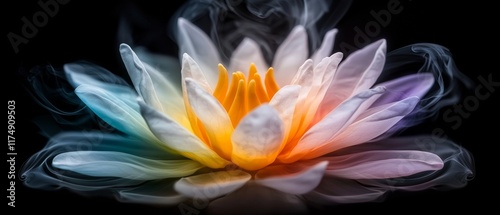 Serene Water Lily Bloom with Colorful Smoke Art Abstract Floral Photography