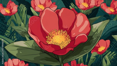 Illustration of a bright red tropical flower with yellow center and stamen surrounded by green leaves