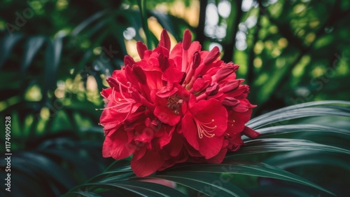 Illustration of a bright red tropical flower with yellow center and stamen surrounded by green leaves