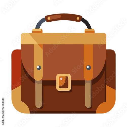 Two-Tone Leather Briefcase with Buckle Straps, Flat vector illustration of a two-tone leather briefcase featuring a sturdy handle, buckle straps, and flap closure, perfect for business or casual use. 