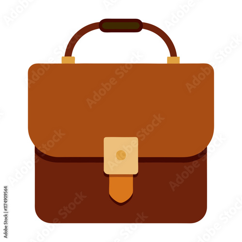 Brown Leather Briefcase with Handle, Flat vector illustration of a brown leather briefcase featuring a handle, flap closure, and buckle detail, ideal for professional or business use.  
