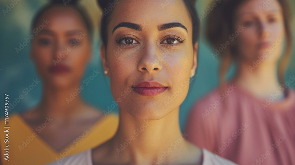 Fototapeta premium Three women standing confidently in front of a colorful backdrop during a bright, sunny day in a urban environment. Generative AI
