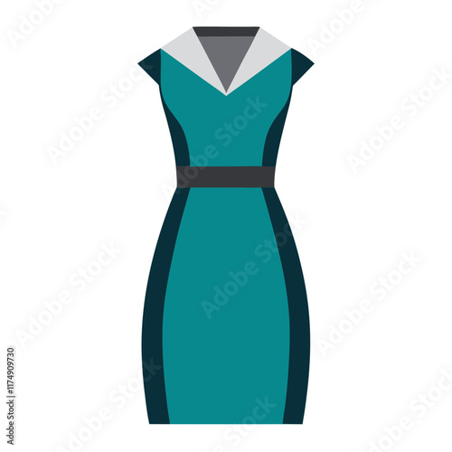 Teal Fitted Dress with White Collar and Black Accents, Flat vector illustration of a teal sleeveless fitted dress featuring a white V-shaped collar, black side panels, and a matching waistband, perfec