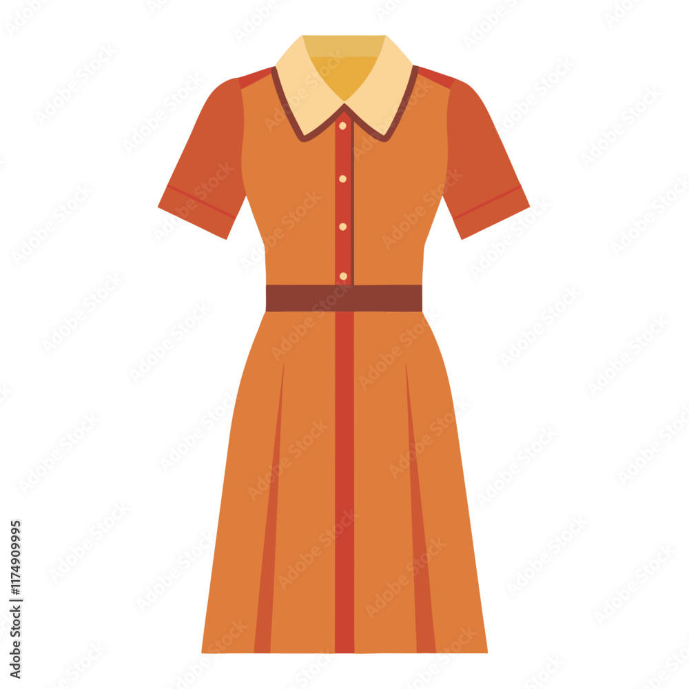Orange Dress with Beige Collar and Belt, Flat vector illustration of an orange short-sleeved dress featuring a beige collar, brown belt, and button details, ideal for casual or retro styles.
Orange Dress with Beige Collar and Belt, Flat vector illustration of an orange short-sleeved dress featuring a beige collar, brown belt, and button details, ideal for casual or retro styles.