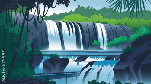 Illustration of a majestic waterfall cascading down rocky terrain surrounded by lush jungle greenery