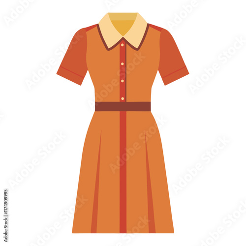 Orange Dress with Beige Collar and Belt, Flat vector illustration of an orange short-sleeved dress featuring a beige collar, brown belt, and button details, ideal for casual or retro styles.  
