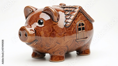 Brown ceramic piggy bank with house-shaped top. photo