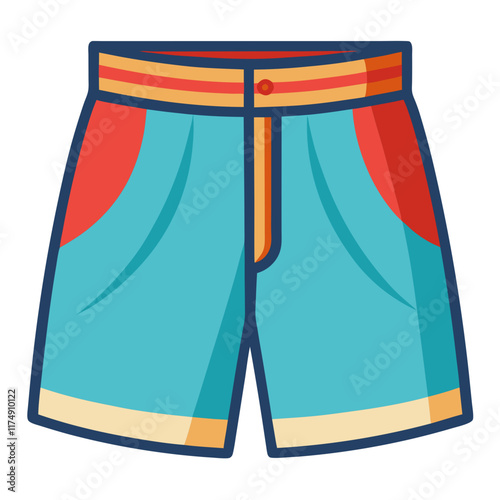 Teal Shorts with Red and Yellow Accents, Flat vector illustration of teal shorts featuring red pocket accents, a yellow striped waistband, and a casual design, ideal for summer fashion.  
