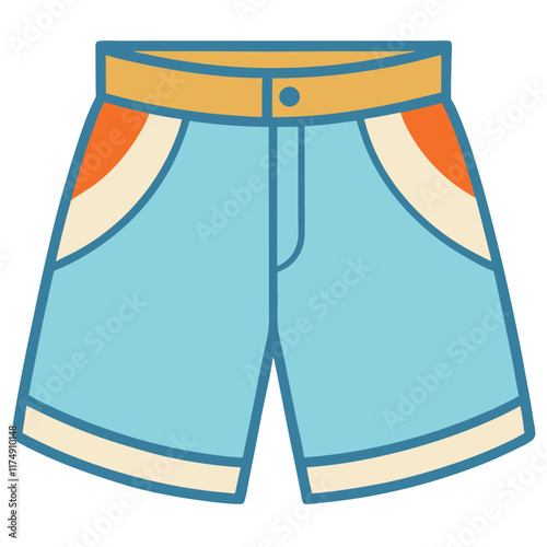 Light Blue Shorts with Yellow Waistband and Orange Accents, Flat vector illustration of light blue shorts featuring a yellow waistband, orange pocket accents, and a casual design, perfect for summer f