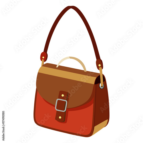 Brown and Red Satchel with Buckle Detail, Flat vector illustration of a stylish brown and red satchel featuring a buckle clasp, top handle, and shoulder strap, ideal for modern fashion designs.  
