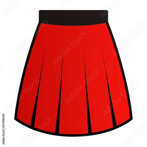 Red Pleated Skirt with Black Waistband, Flat vector illustration of a red pleated skirt featuring a bold black waistband, perfect for casual, school, or modern fashion designs. 
