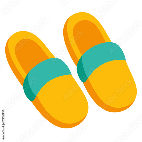 Yellow and Teal Slip-On Sandals Illustration, Flat vector illustration of yellow slip-on sandals with teal straps, ideal for casual, summer, and beachwear fashion designs. 
