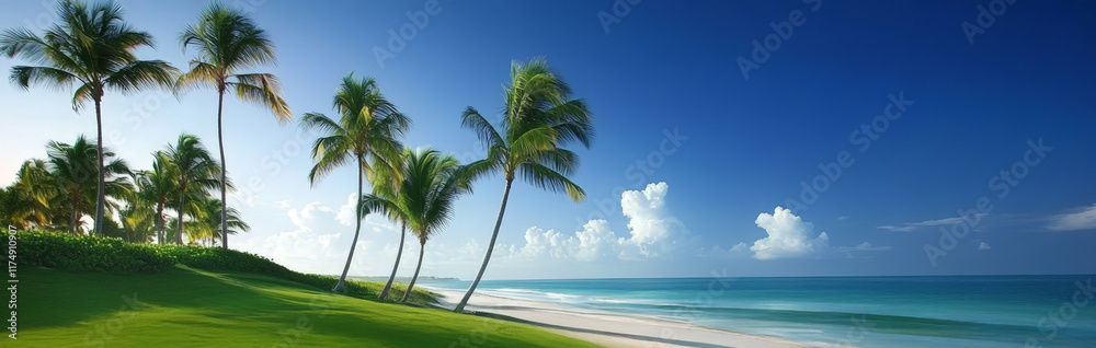 tropical beach scene with tall, lush palm trees lining a green hill that slopes towards a pristine, white sandy shore. The ocean glistens under a vibrant blue sky with scattered clouds tropical beach scene with tall, lush palm trees lining a green hill that slopes towards a pristine, white sandy shore. The ocean glistens under a vibrant blue sky with scattered clouds