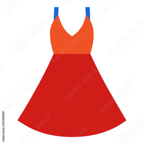 Red and Orange Sleeveless Dress Illustration, Flat vector illustration of a sleeveless dress in red and orange with a fitted bodice and flared skirt, perfect for fashion themes. 
