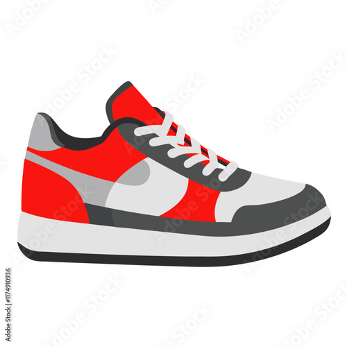 Modern Red and Gray Athletic Sneaker, Flat vector illustration of a modern athletic sneaker featuring red, gray, and white tones, perfect for sportswear and casual fashion designs. 
