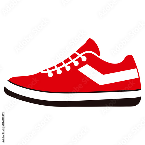 Red Casual Sneaker with White Detailing, Flat vector illustration of a red casual sneaker featuring white accents and a sporty design, ideal for footwear and fashion themes. 
