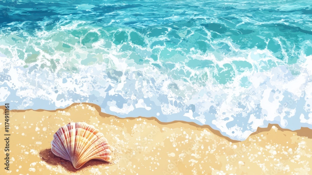 Naklejka premium A minimalistic beach with a single seashell resting on the sand.